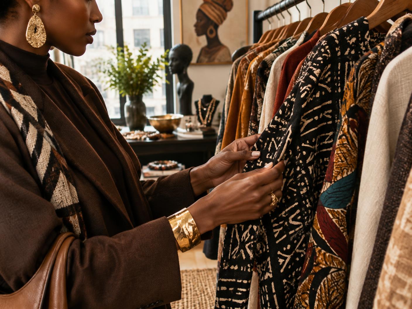 A guest considering richly patterned garments in an editorial boutique setting