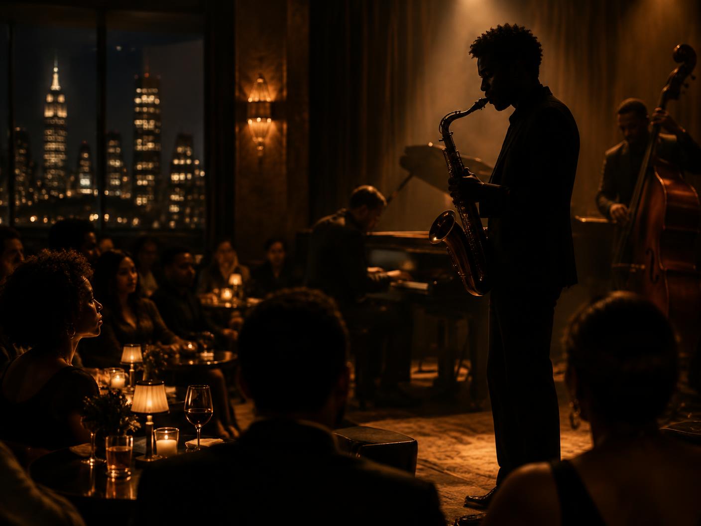 An intimate jazz performance in a warmly lit New York room