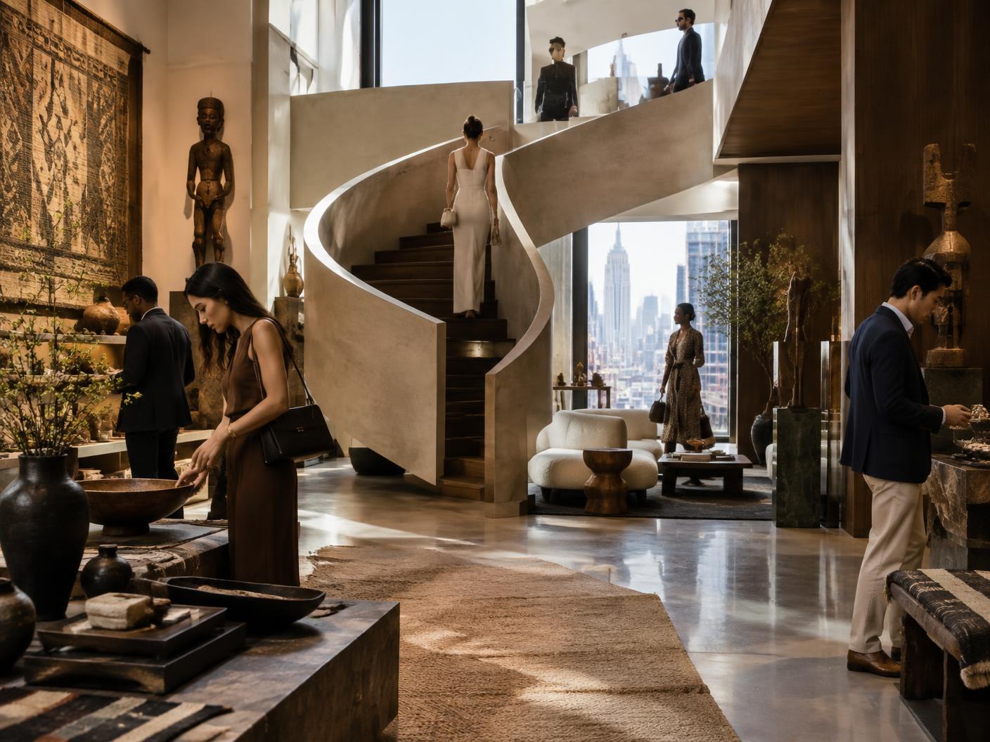 A sculptural New York fashion interior with guests exploring